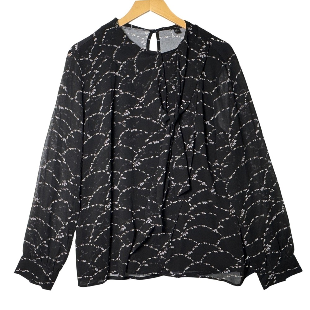 Ann Taylor Womens Large Black Floral Keyhole Tie Neck Blouse Office Preppy